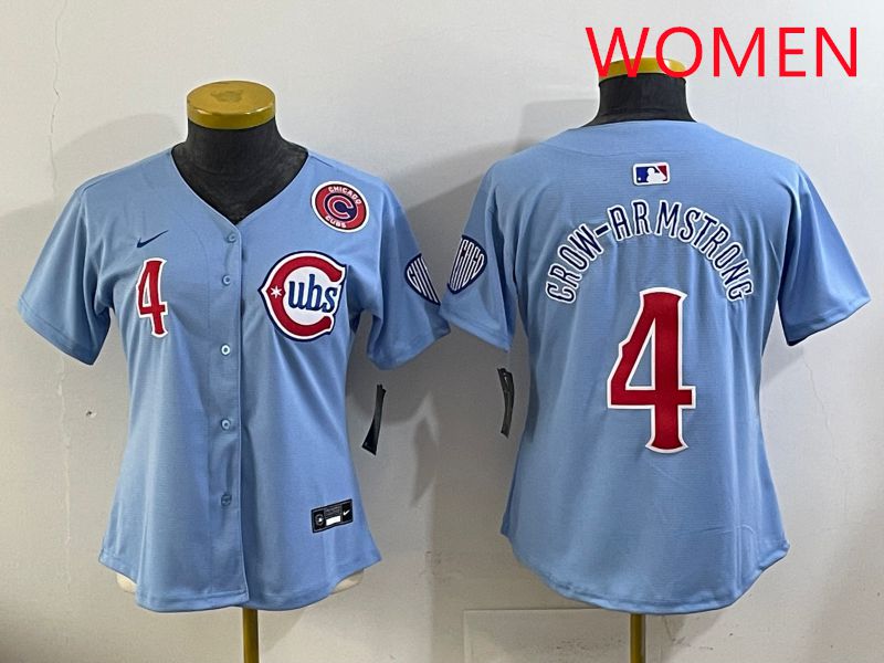 Women 2025 Chicago Cubs #4 Crow-Armstrong Light Blue Throwback Game Nike MLB Jersey style 3->women mlb jersey->Women Jersey